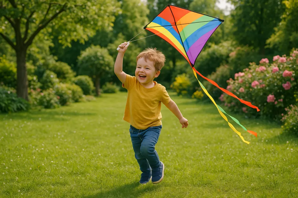 A little boy is smiling while holding a bright kite against a green background