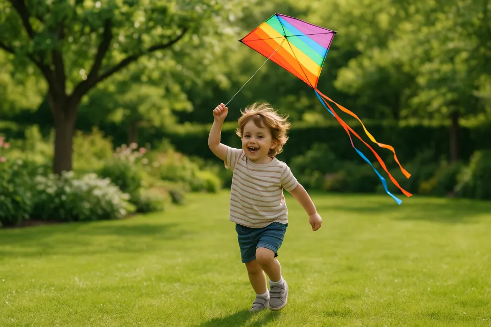 A little boy with a kite on a green grass field in the park