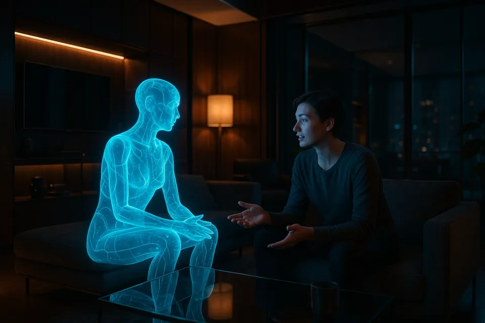 Una persona conversando con una mujer holográfica en una habitación oscura