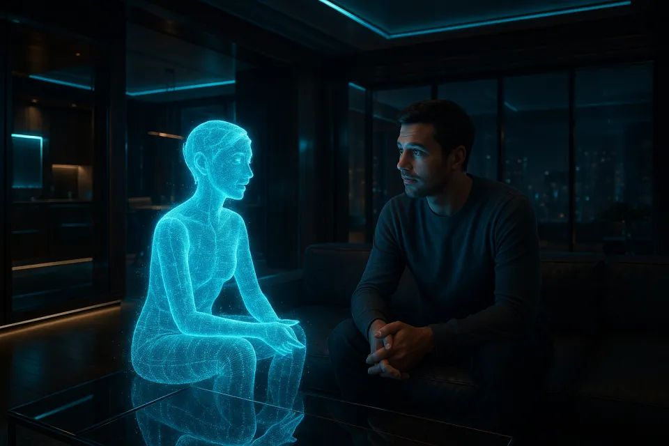Escena moderna con un holograma y una persona en una habitación oscura