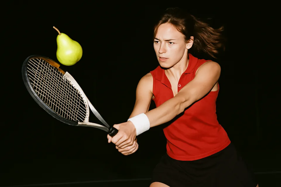An athlete with a racket is about to hit a ball shaped like a pear