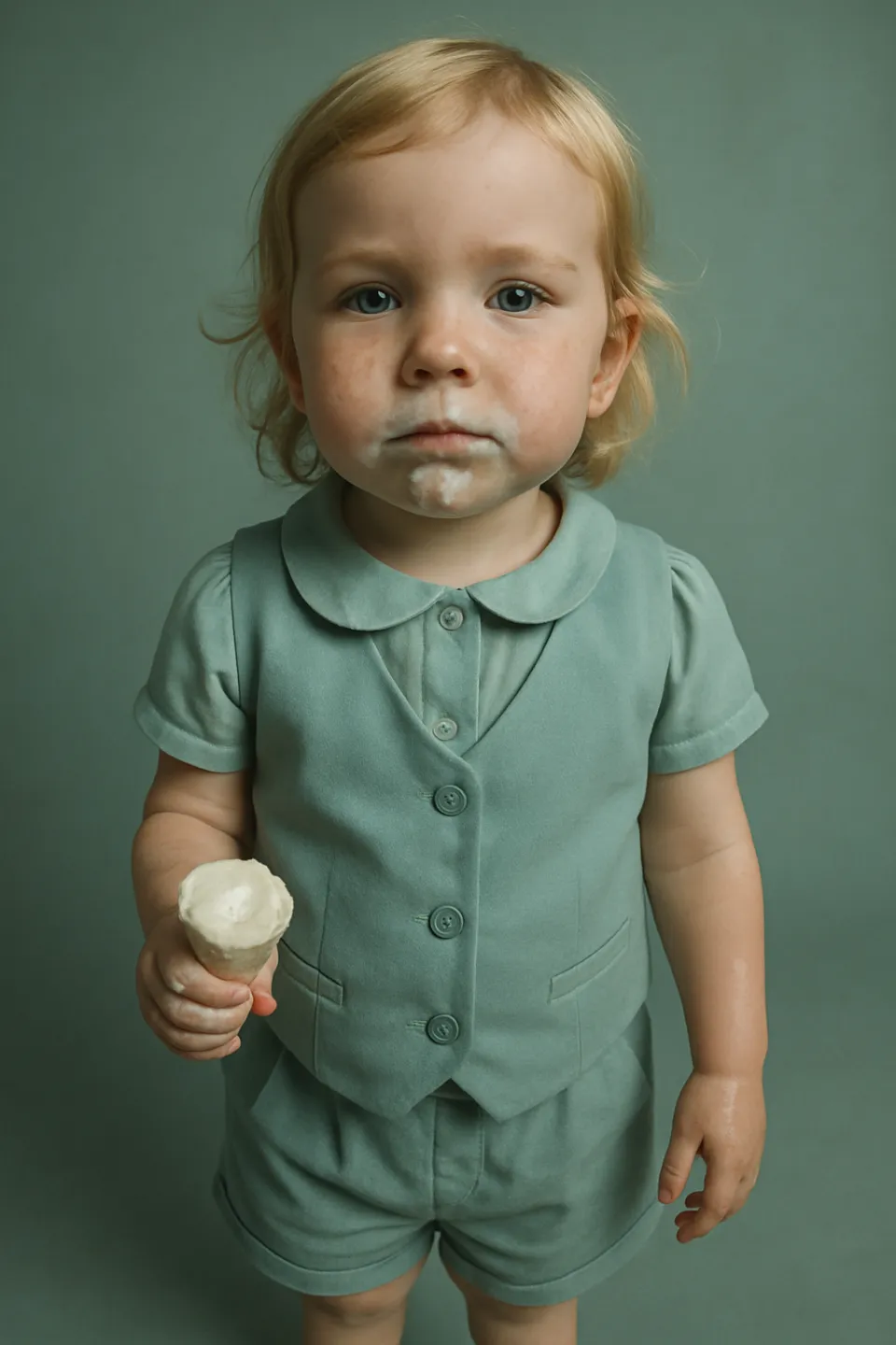 Niño vestido de claro sosteniendo un helado, con marcas de la golosina en su cara