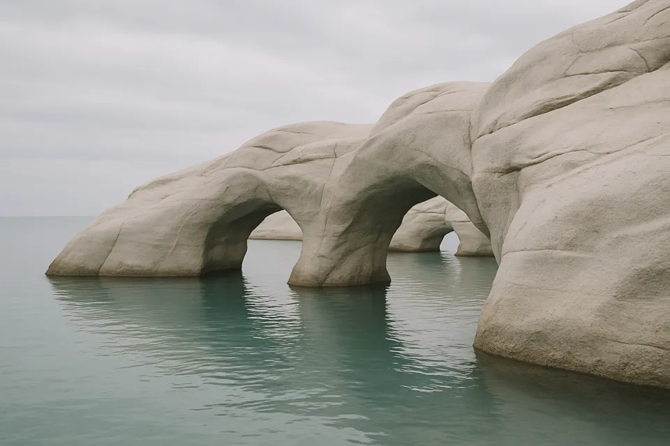 Natural rocky arches formed on the surface of the water