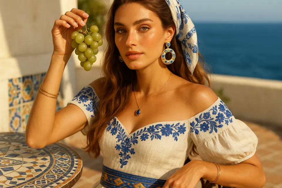 Joven mujer sosteniendo uvas verdes, adornada con flores azules.