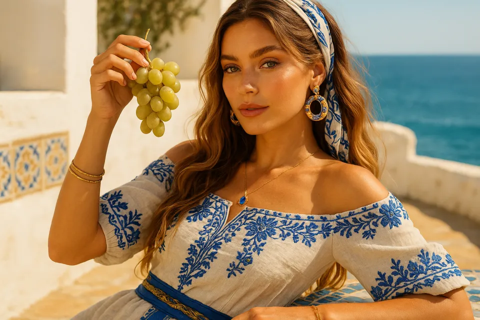 Chica con un vestido azul y blanco sosteniendo un racimo de uvas