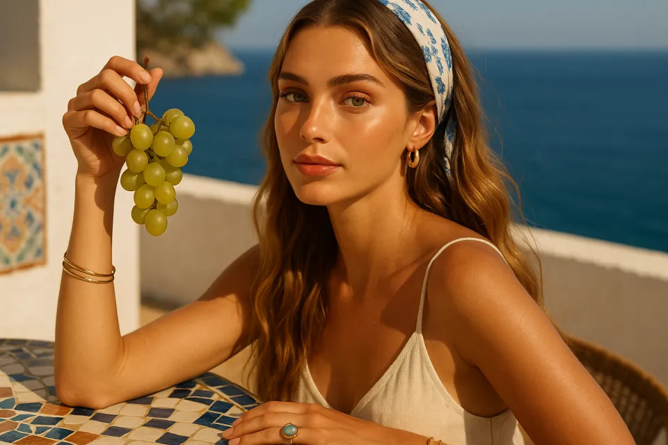 Bonita mujer sostiene un racimo de uvas junto al mar