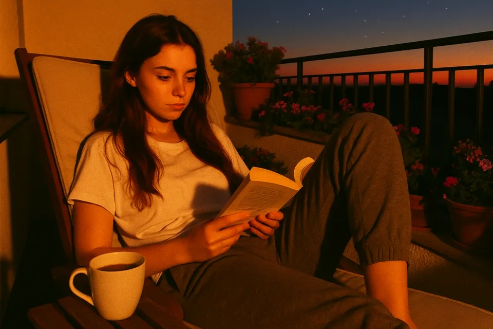 A young girl reads a book on the balcony during sunset with a cup of coffee