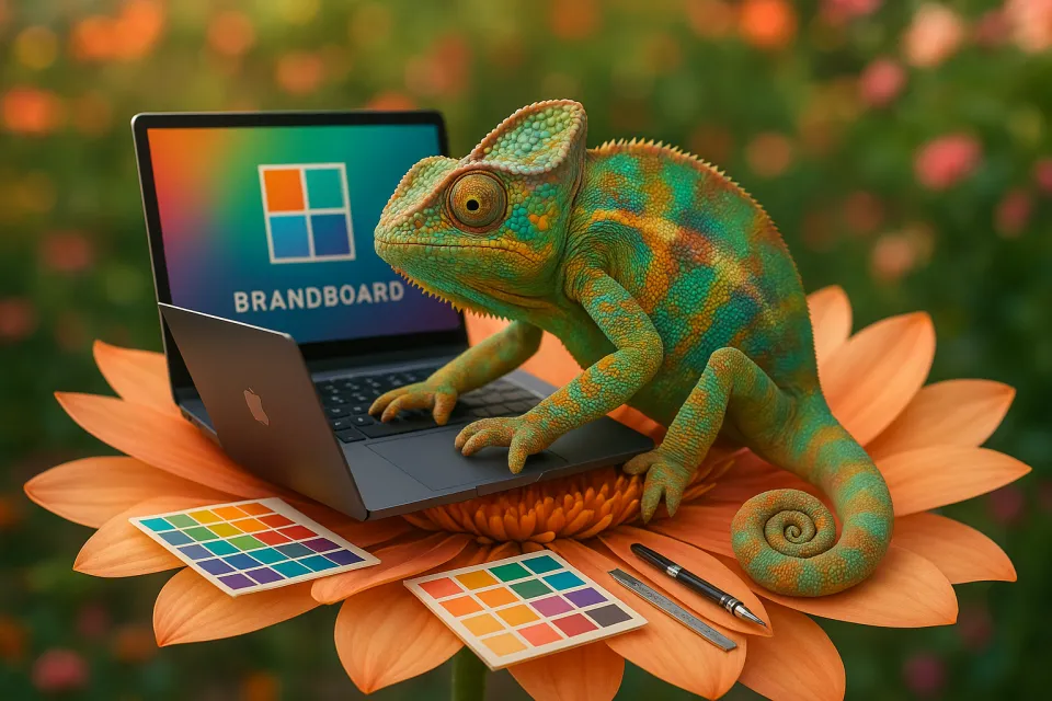 Lizard working on a laptop, surrounded by flowers and color palettes