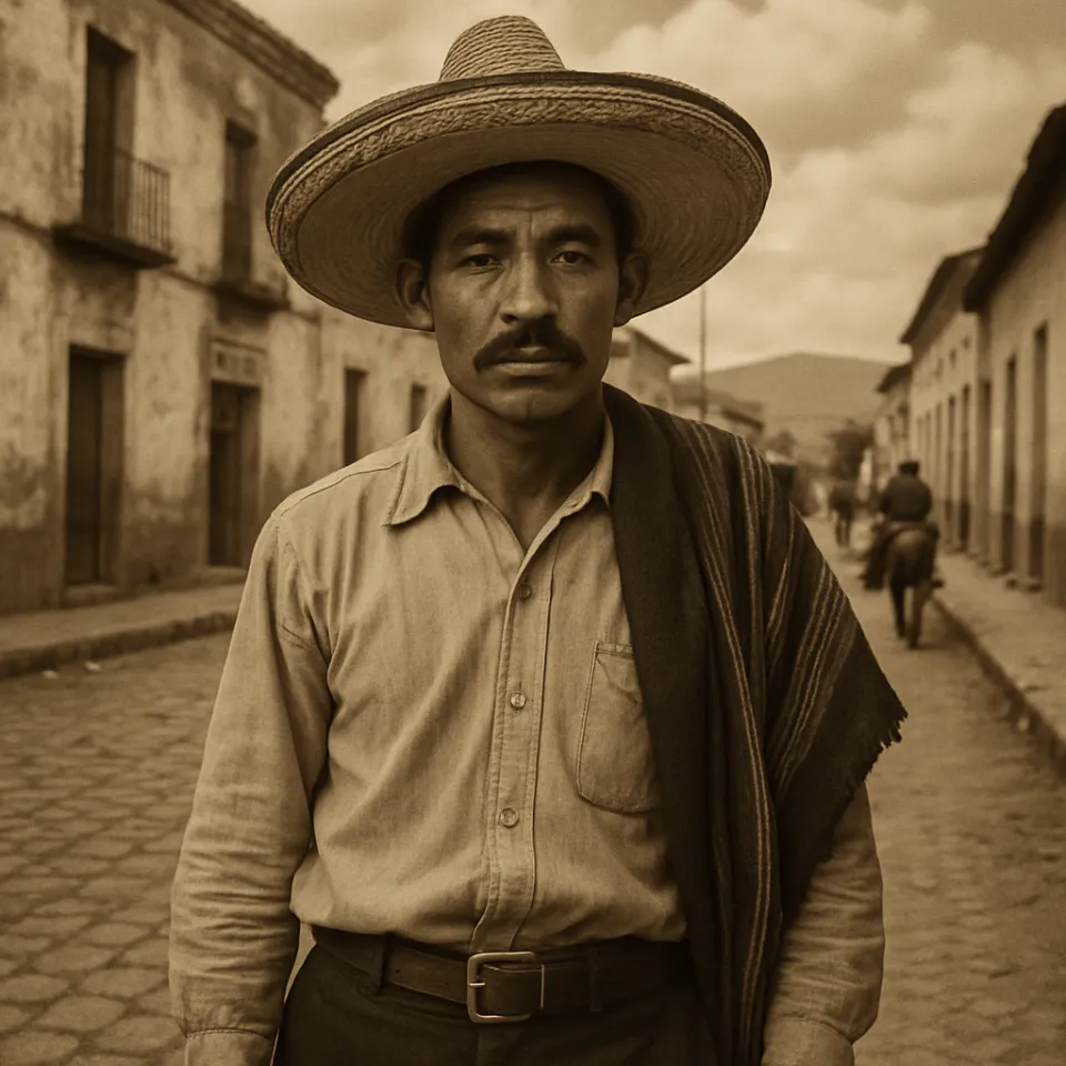 Retrato de un hombre con un sombrero tradicional mexicano frente a edificios