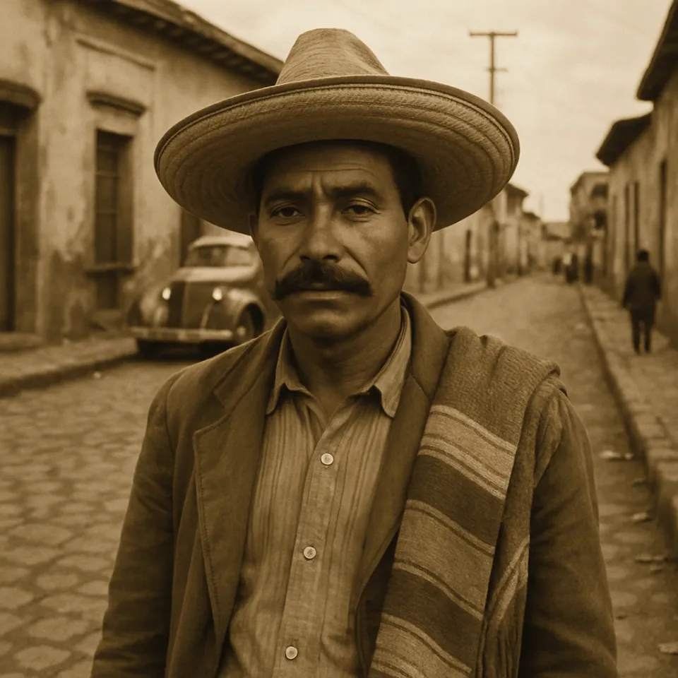 Hombre con vestimenta tradicional en la calle de una ciudad mexicana