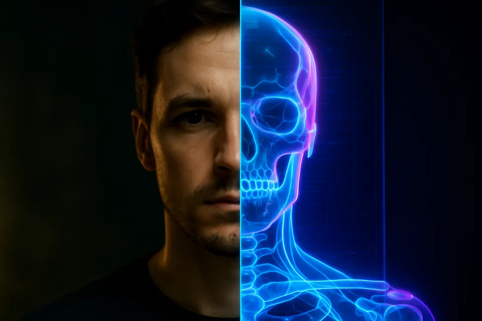 Half of a human face and a translucent anatomical model of the skull
