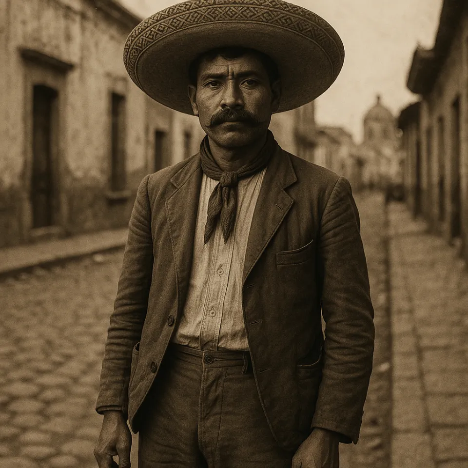 Retrato de un hombre mexicano en ropa tradicional con un gran sombrero
