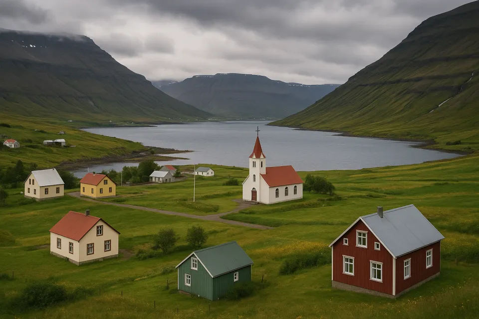 Icelandic Landscape with Houses and a Church by the Lake