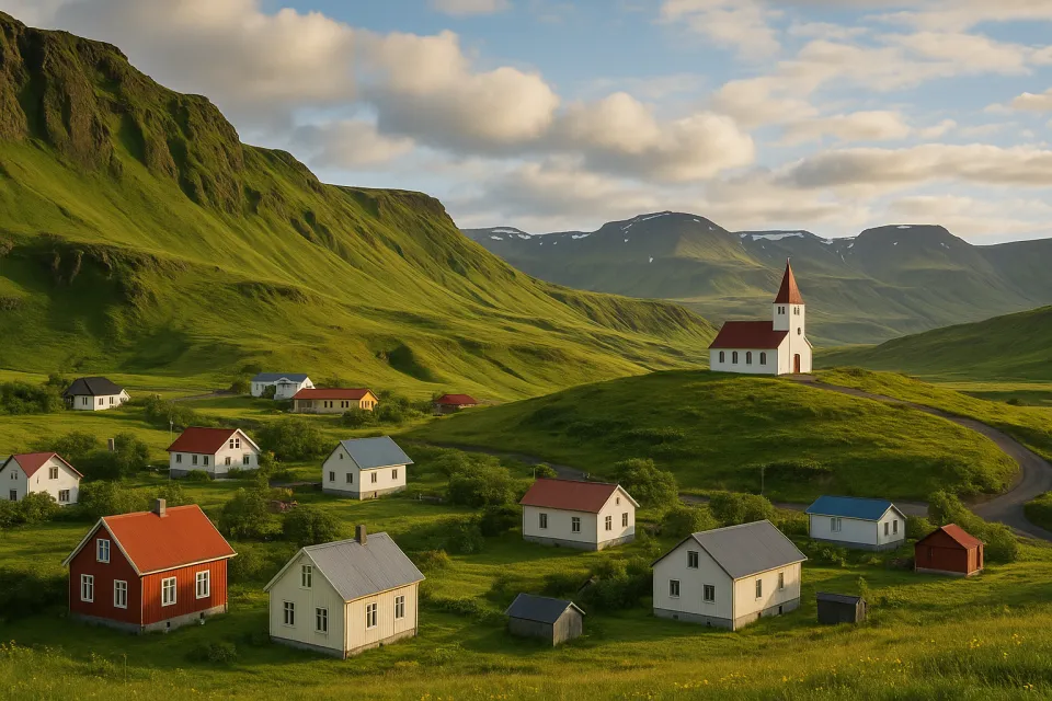 Acogedoras casas frente a colinas verdes y una iglesia en Islandia