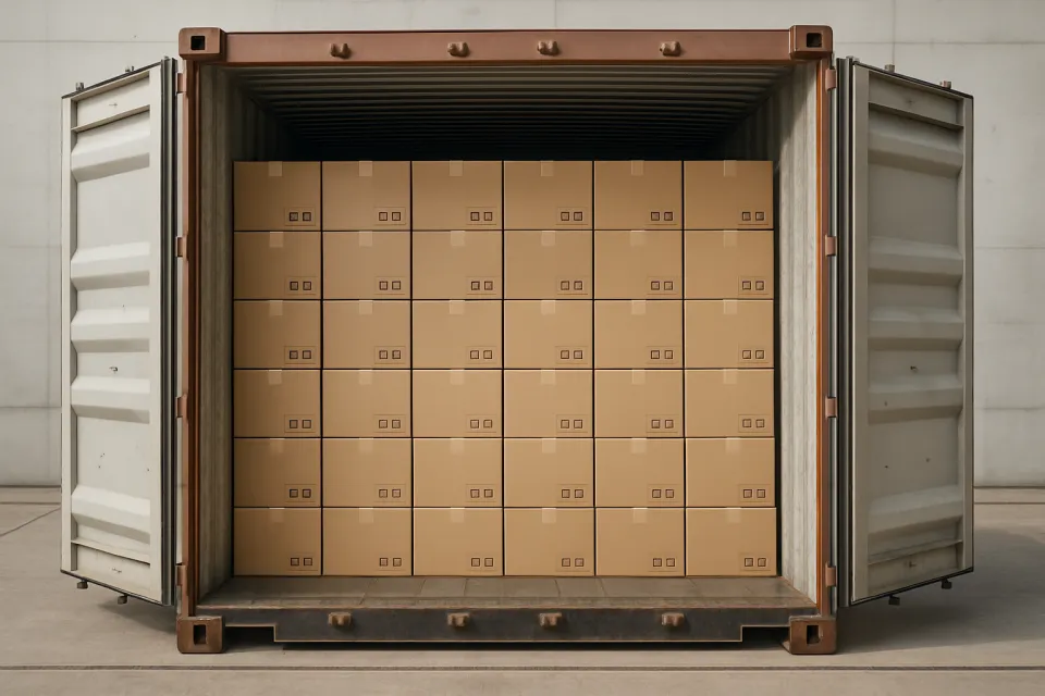 Contenedor abierto, lleno de cajas bien organizadas