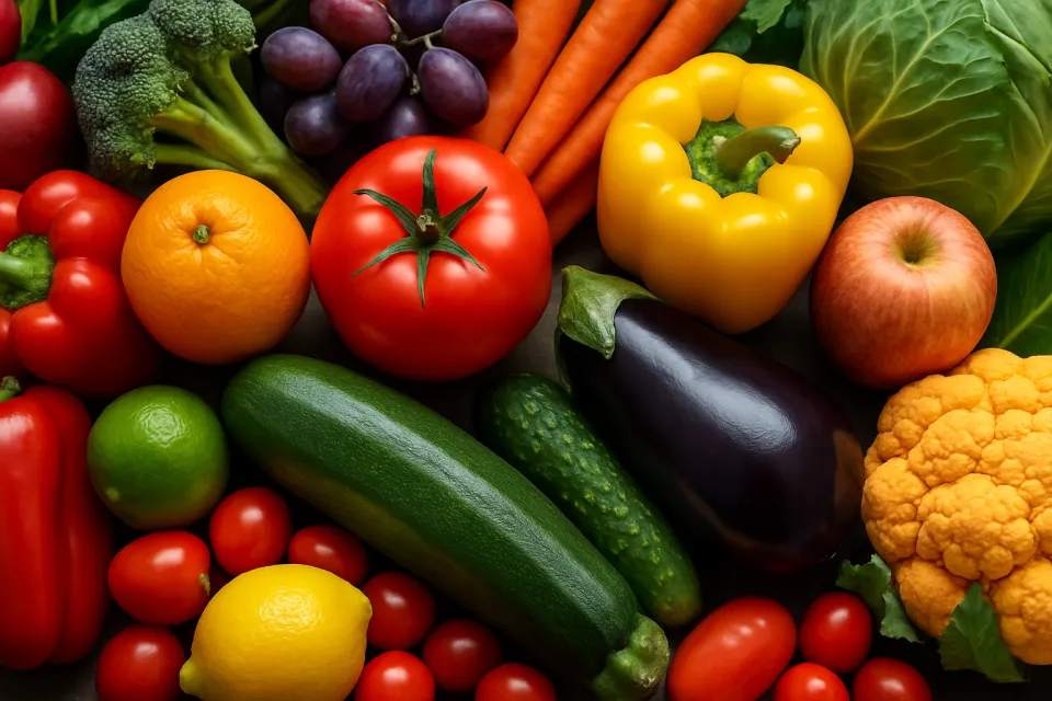 Assortment of fresh vegetables and fruits, including tomatoes, peppers, and carrots
