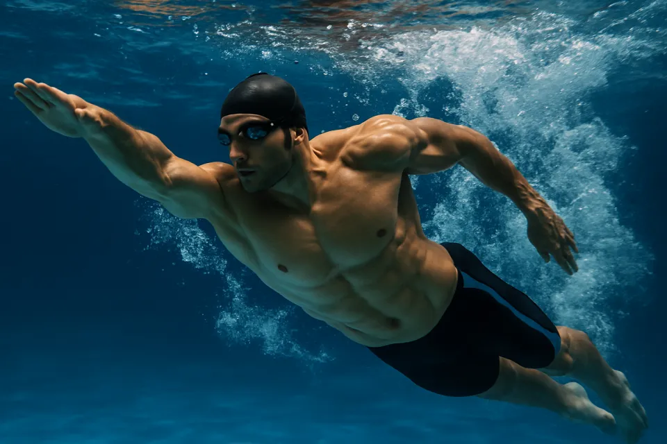 Male athlete swimming beautifully underwater, creating bubbles