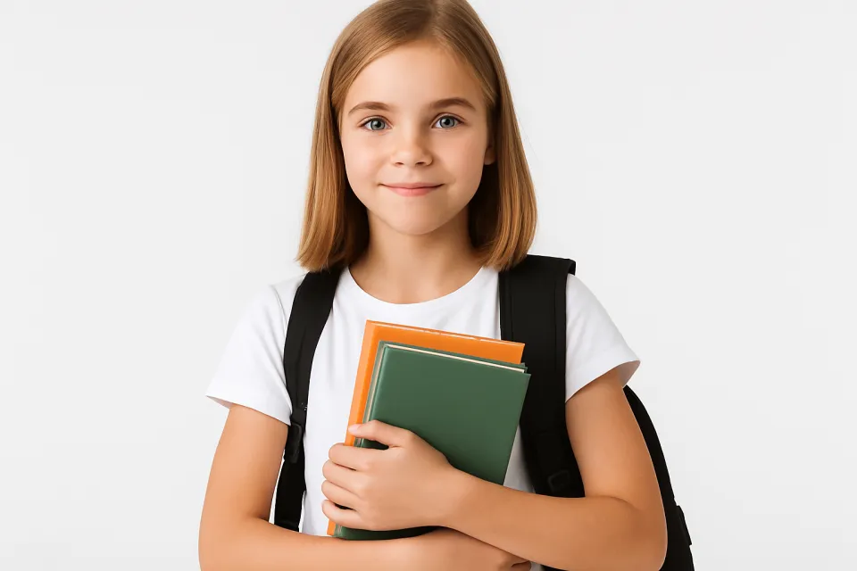 Niña pequeña con mochila sosteniendo libros escolares de varios colores
