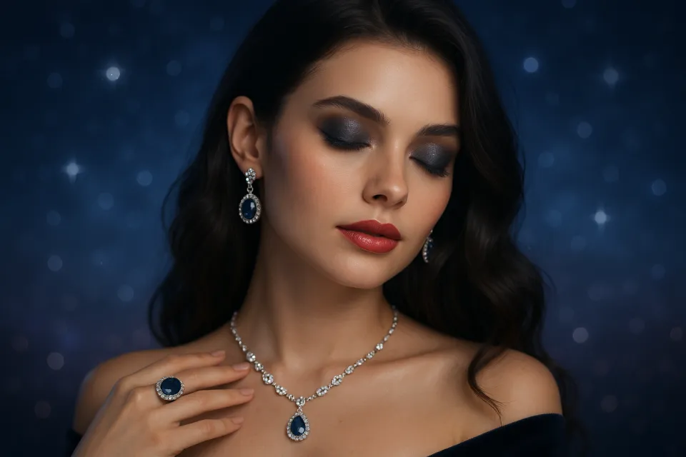 Mujer con un vestido de noche, joyas y maquillaje