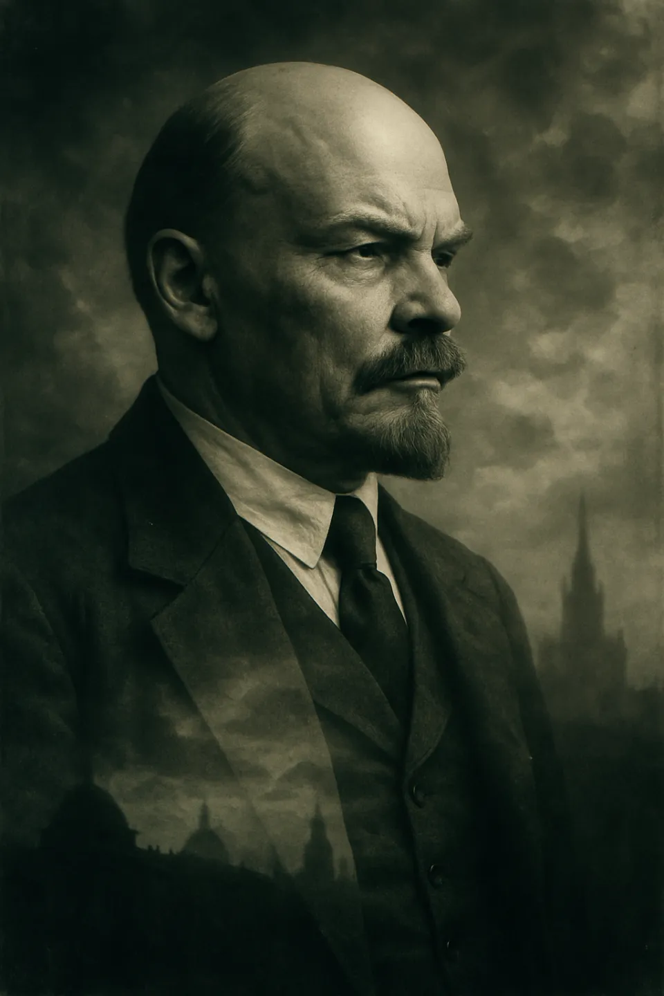 Retrato en blanco y negro de Vladimir Lenin frente a la arquitectura