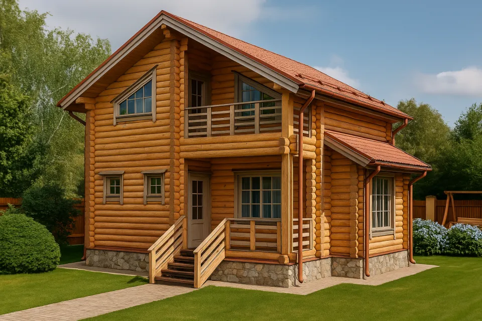 Two-Storey Wooden House with a Large Number of Windows and a Veranda