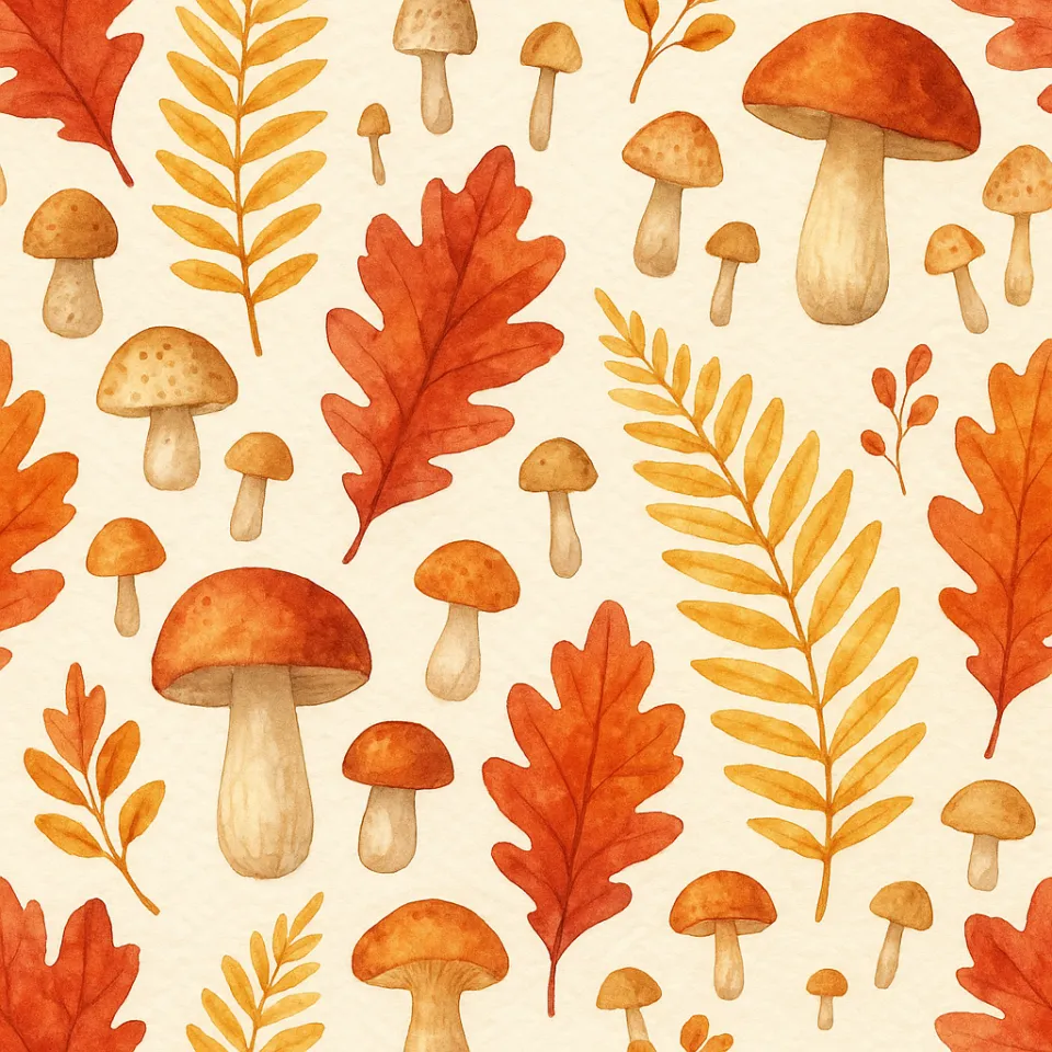 Illustration with mushrooms and autumn leaves in warm tones