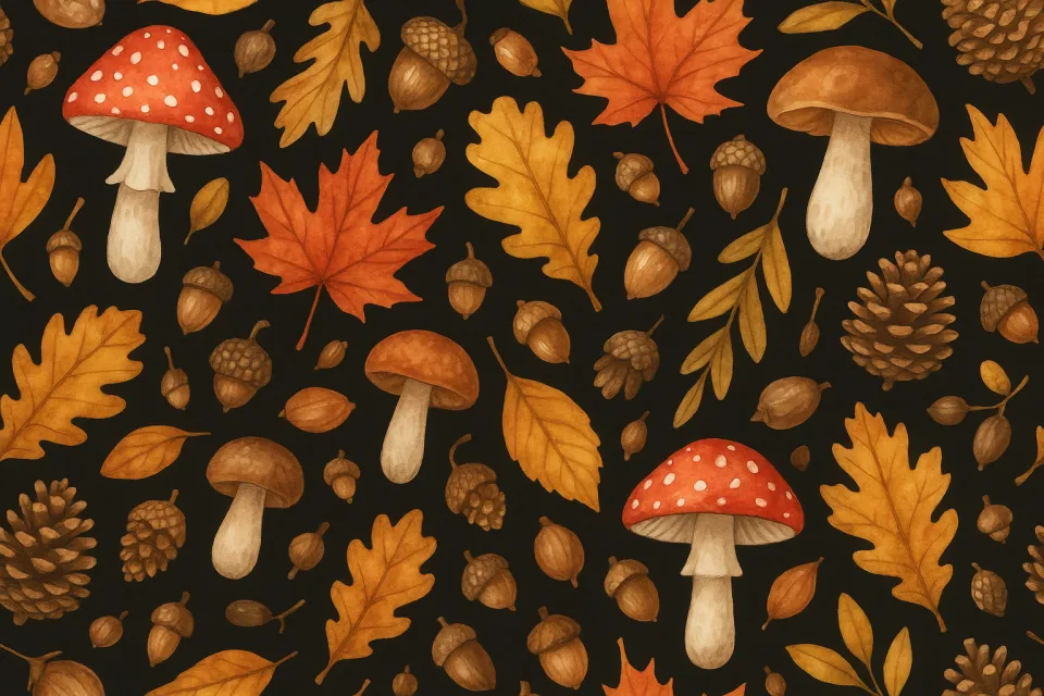 Dibujo con hojas de otoño, hongos y piñas sobre fondo negro