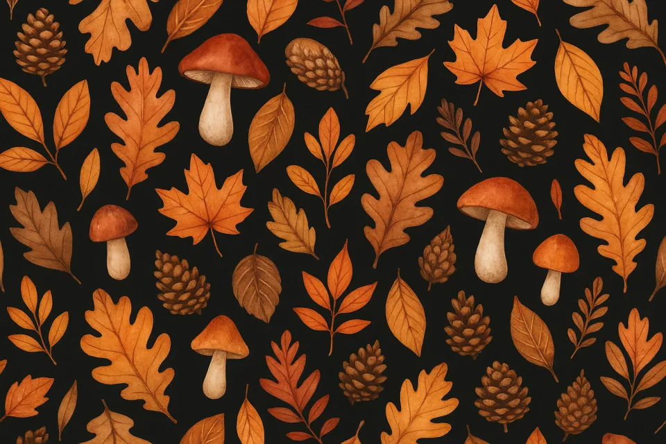 Illustration of autumn leaves and mushrooms on a black background