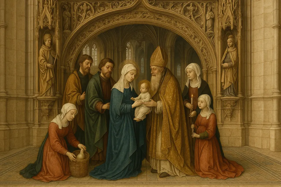 Image depicting the Virgin Mary presenting Baby Jesus to a holy man in the cathedral.