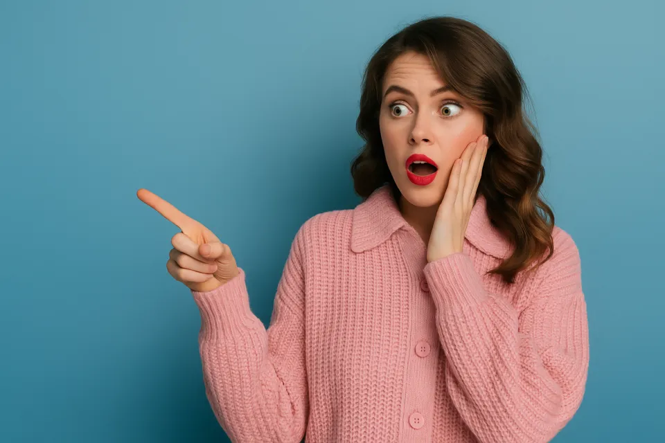 Girl with an open mouth and a surprised expression in front of a blue wall