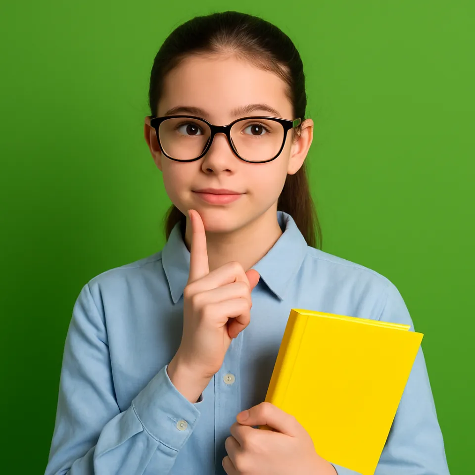 Niña con gafas sostiene un libro amarillo sobre un fondo verde