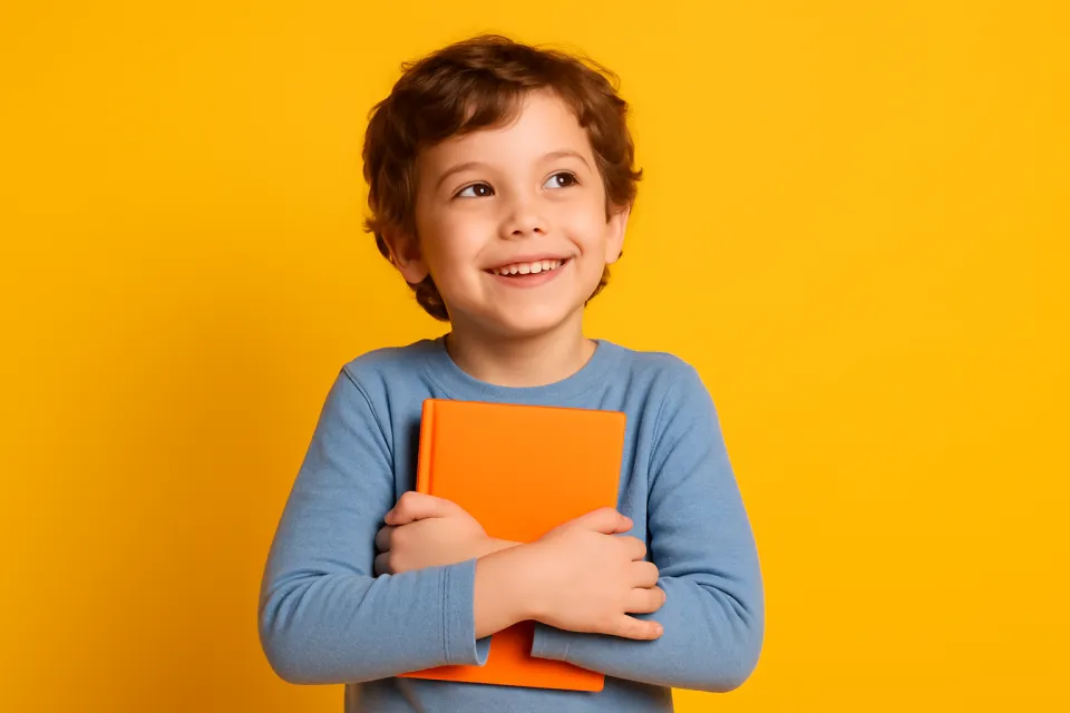 Niño abrazando un libro naranja sobre un fondo amarillo