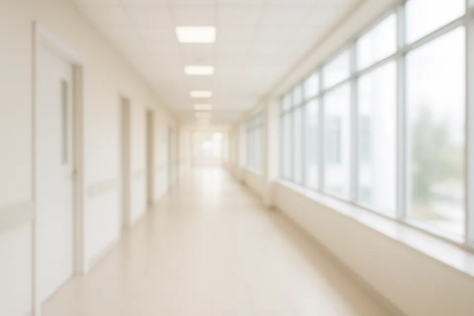 Pasillo moderno con grandes ventanas e imágenes difusas