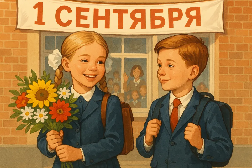 Мальчик и девочка с букетом цветов, поздравляют друг друга с 1 сентября