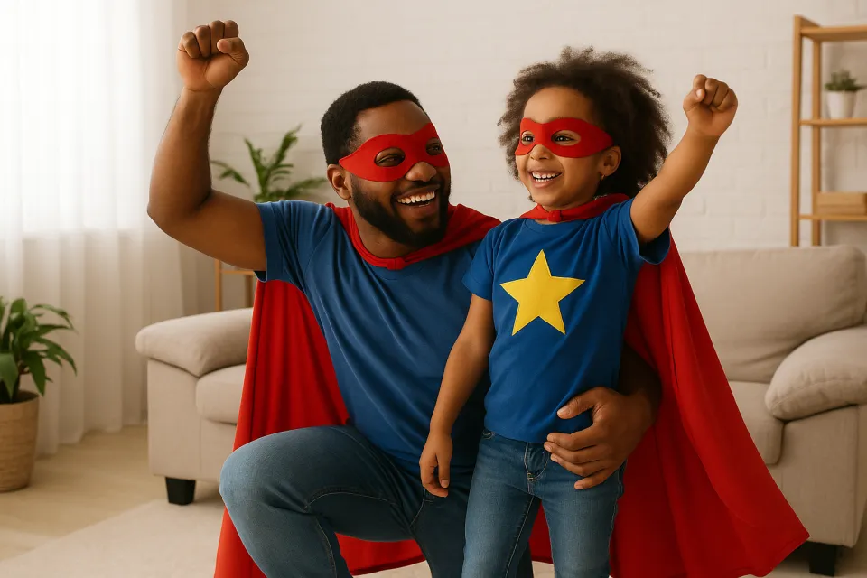 Padre e hija en trajes de superhéroes con máscaras y capas