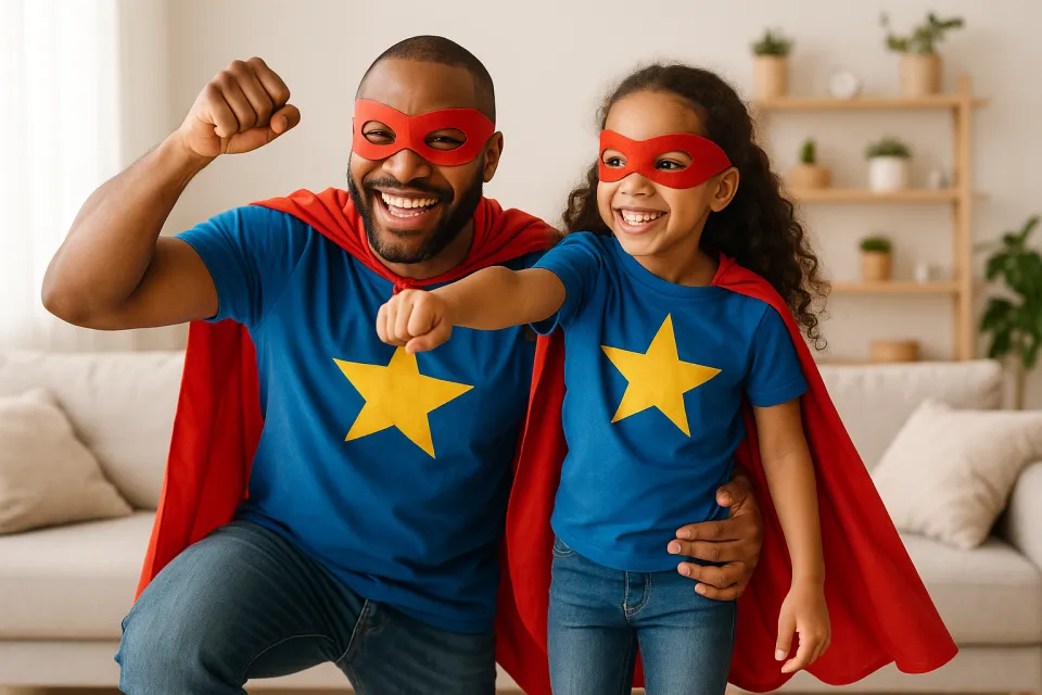 Father and daughter in superhero costumes with capes in an interior