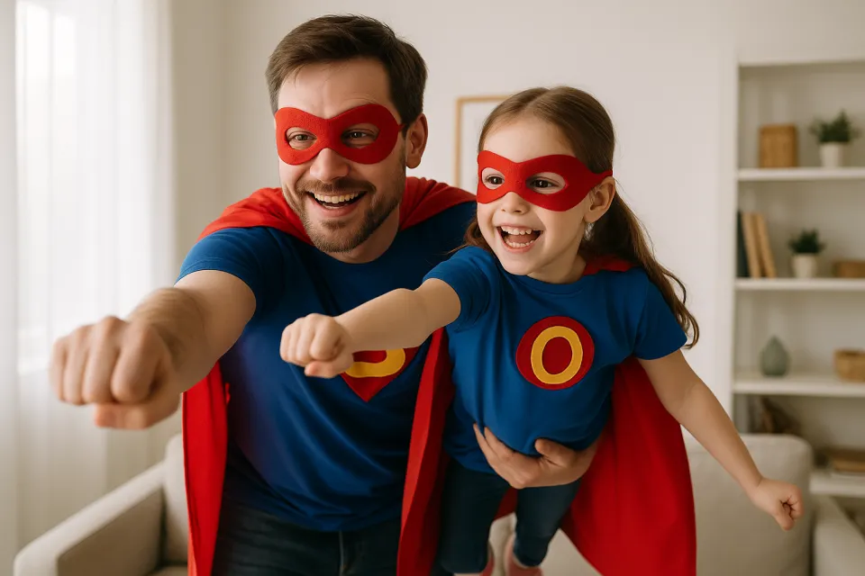 Father and daughter in superhero costumes posing indoors