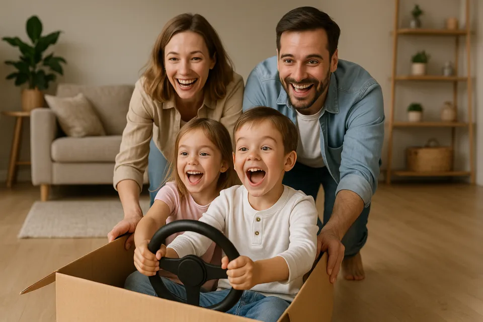 The family enjoys playing with children in a box, pretending it's a car