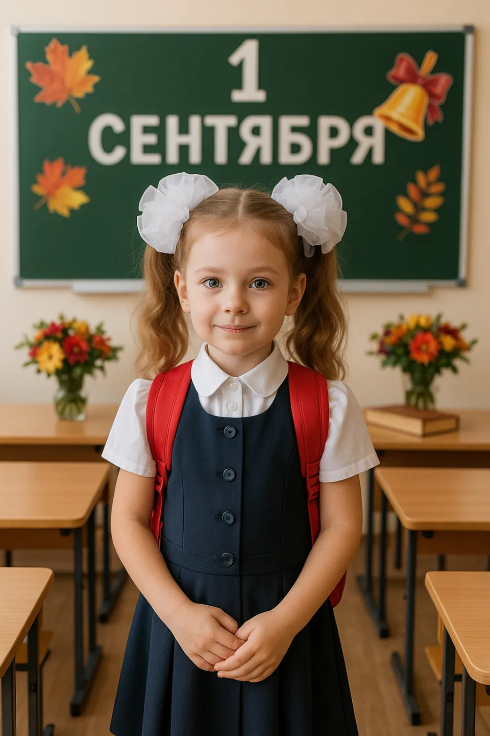 Little girl in school uniform at the September 1 holiday