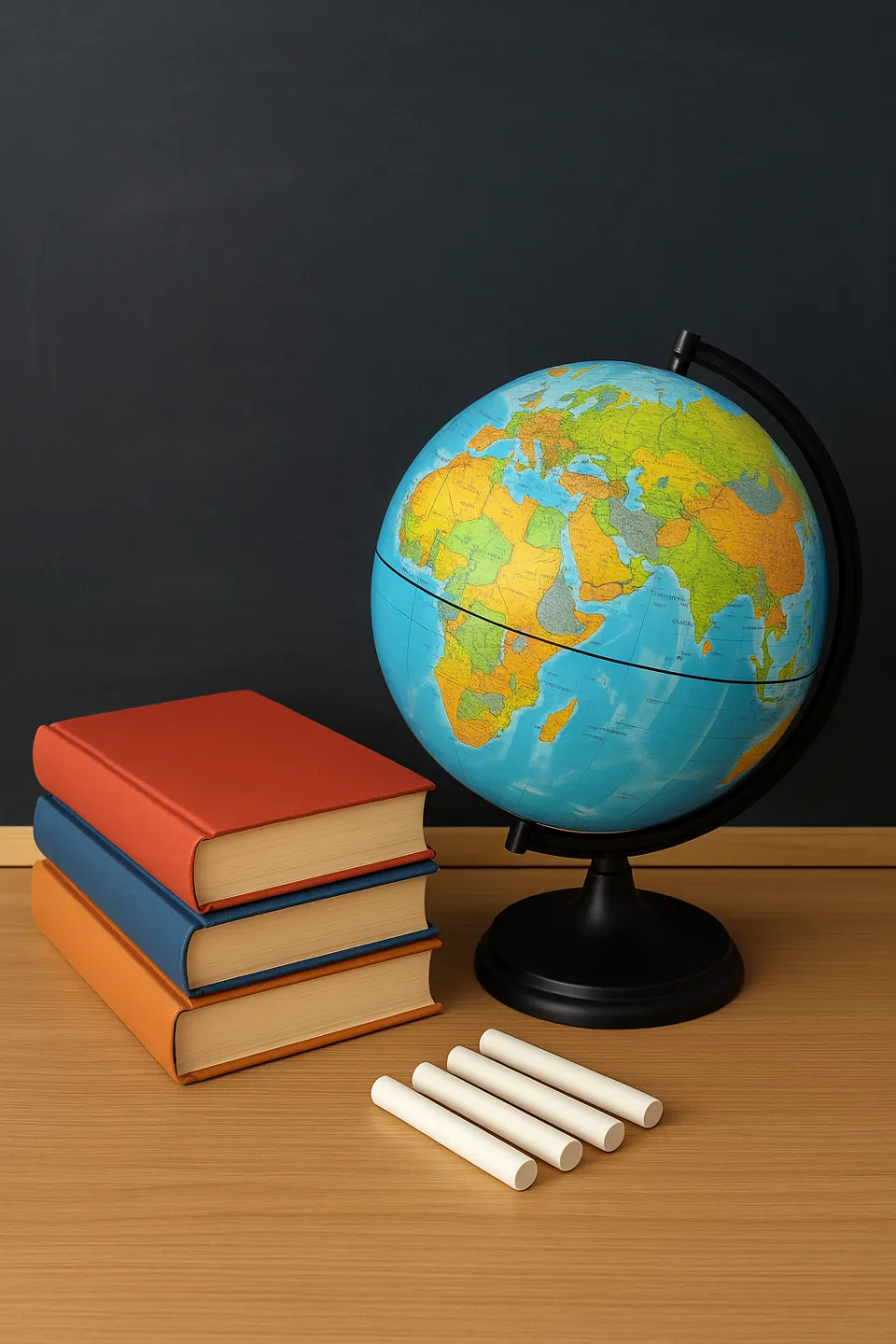 Globe, books, and chalk for writing on the blackboard