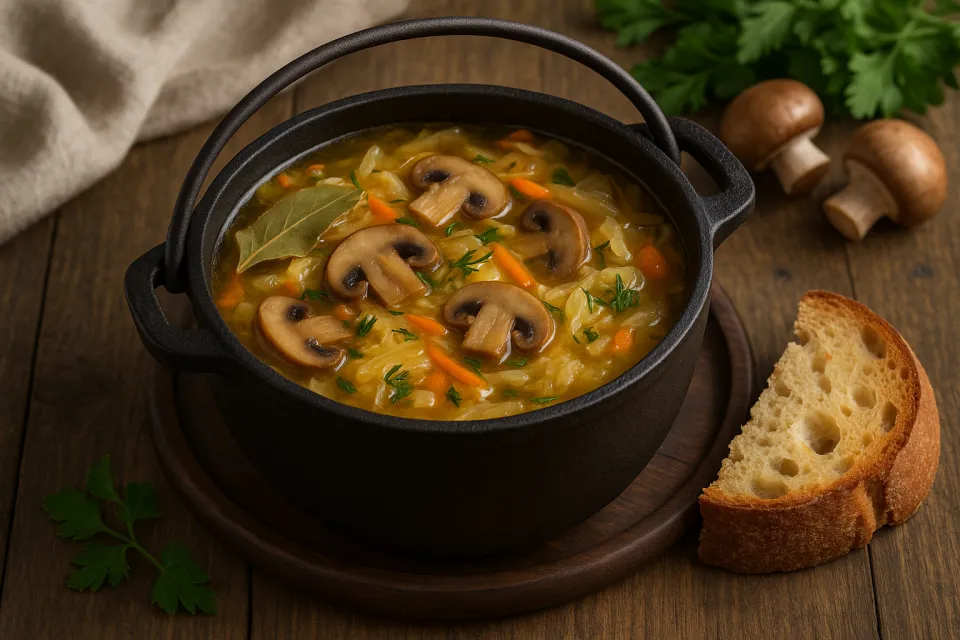 A pot of soup made from mushrooms, cabbage, and vegetables