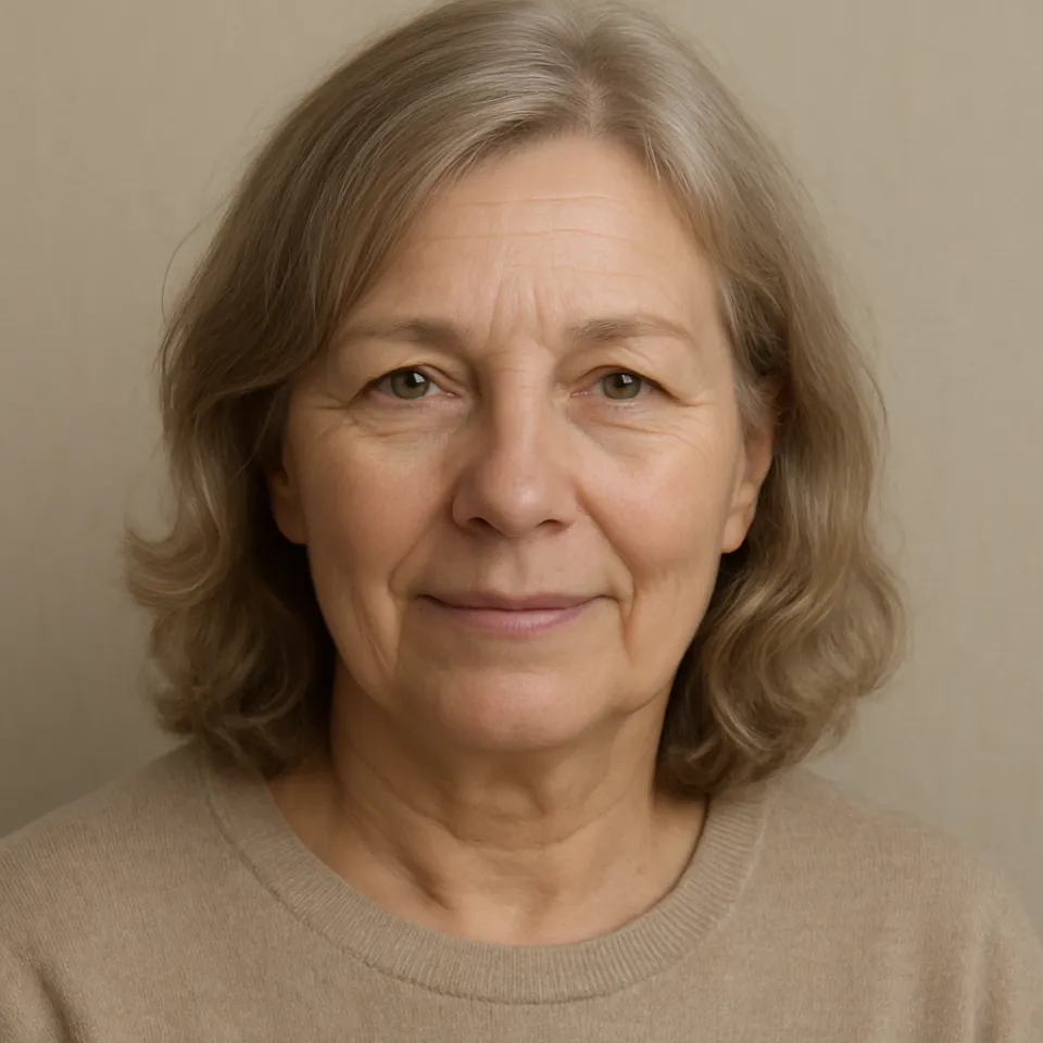 Portrait of a middle-aged woman with gray hair and light clothing