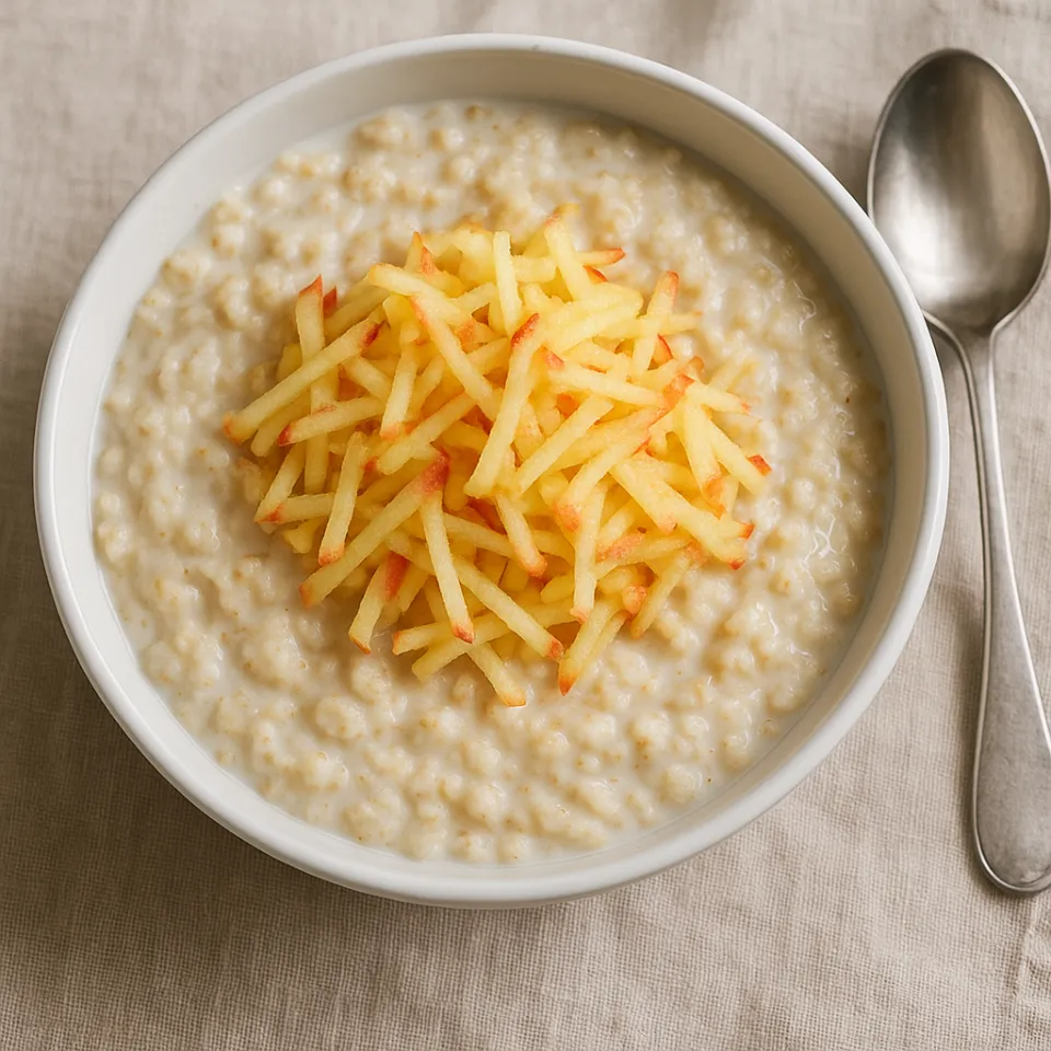 Porción de gachas con manzanas ralladas en un plato blanco