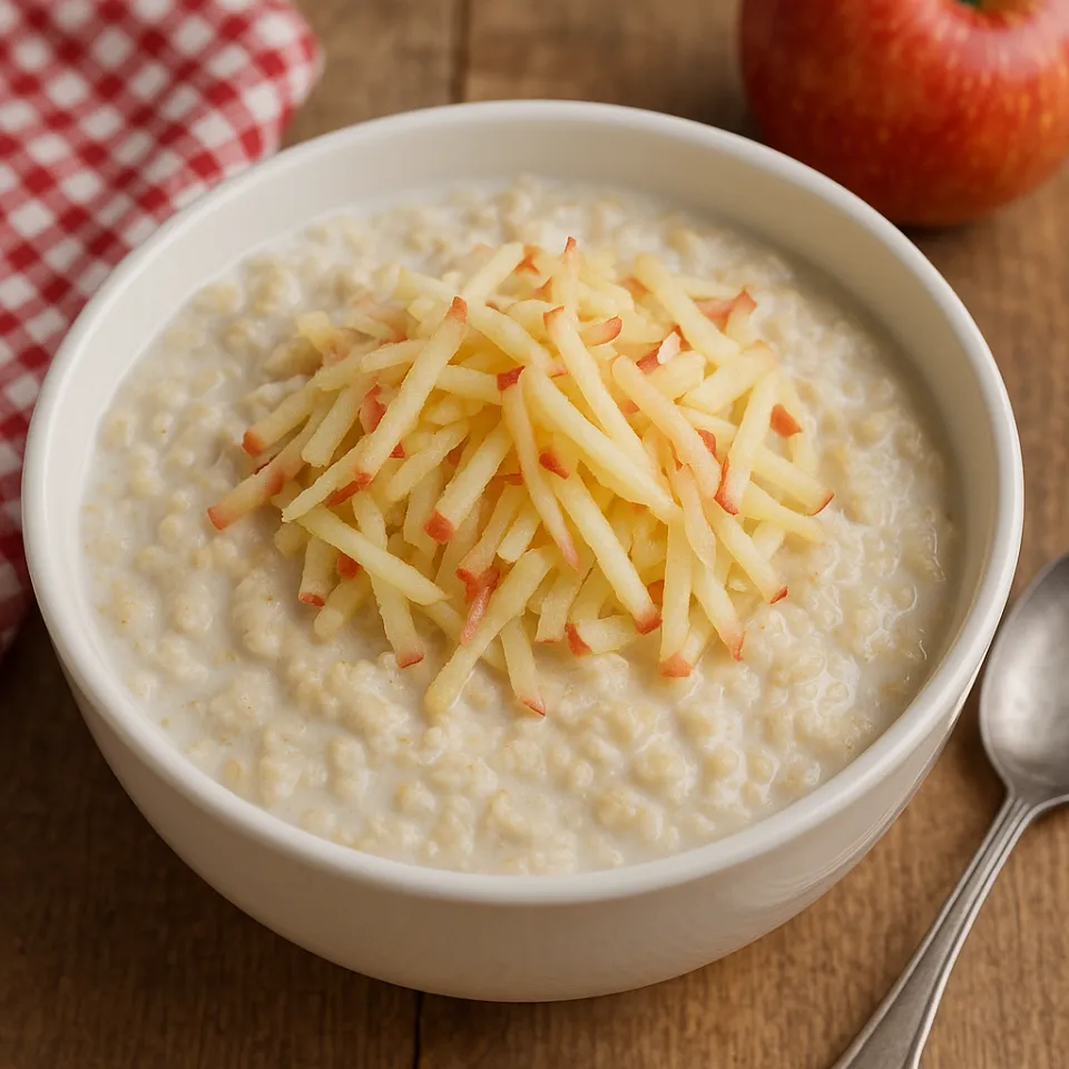 Bowl of porridge garnished with fresh apples and a red checkered napkin