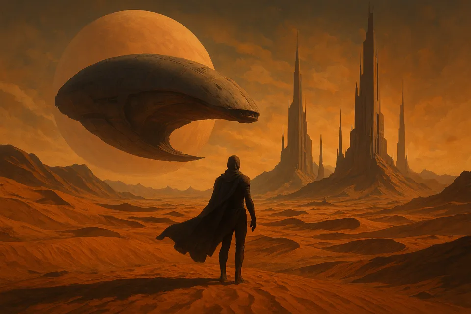 Deep space landscape with an automated ship and towering sculptural structures
