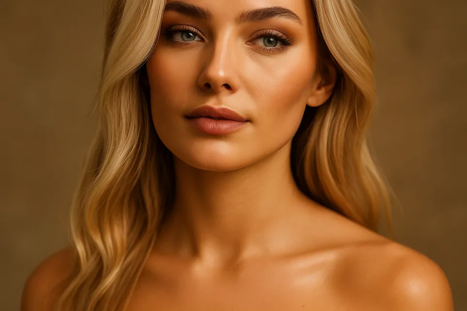 Primer plano del retrato de una mujer con hermosas facciones y cabello claro