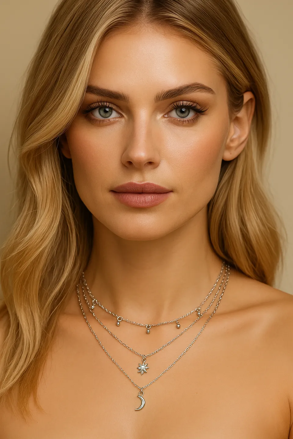 Modelo femenino con collares de plata en capas
