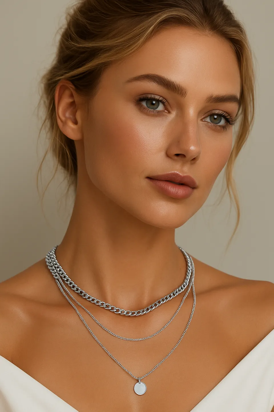 Mujer con largas cadenas en el cuello y maquillaje claro