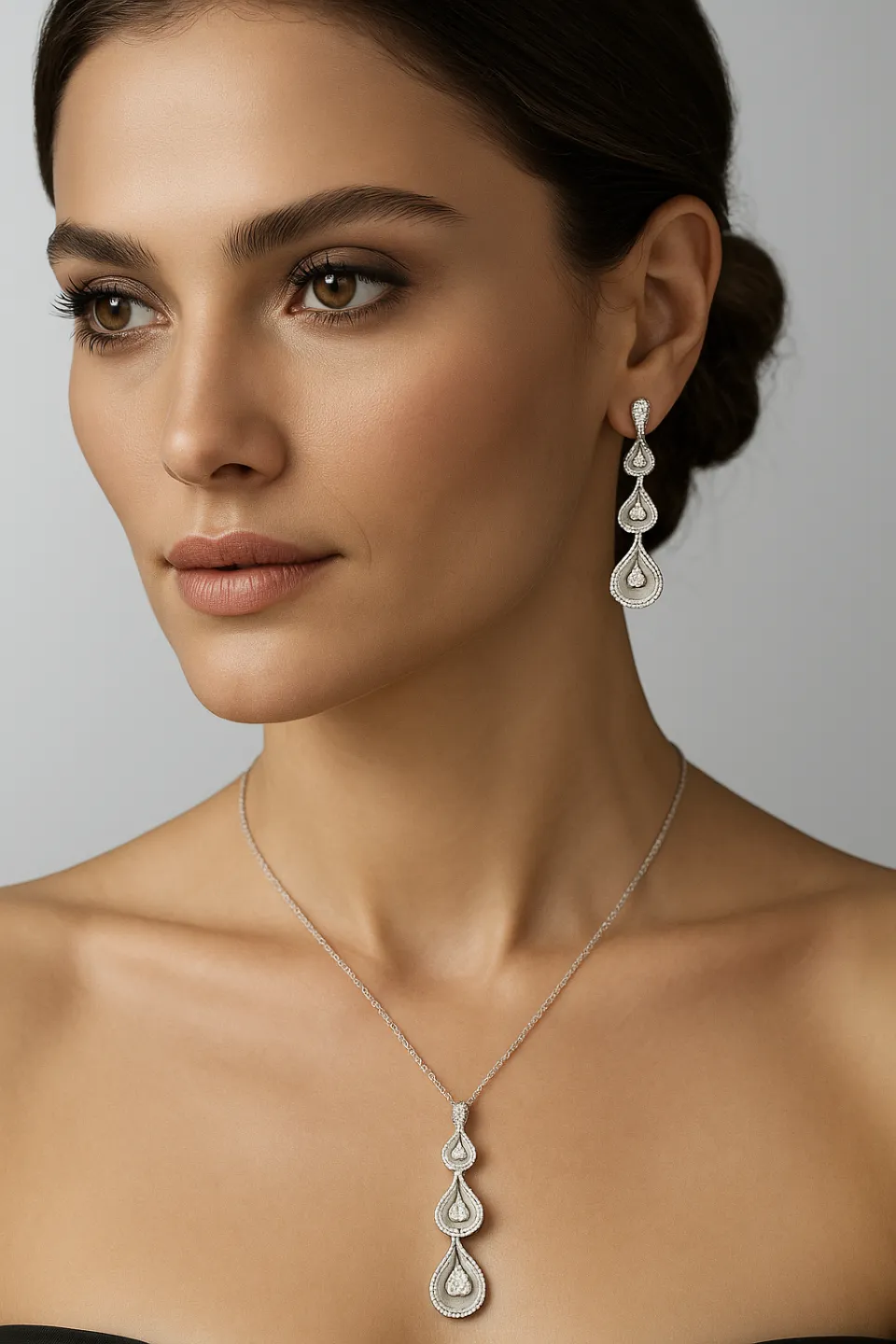 Mujer con pendientes elegantes y un colgante sobre un fondo suave