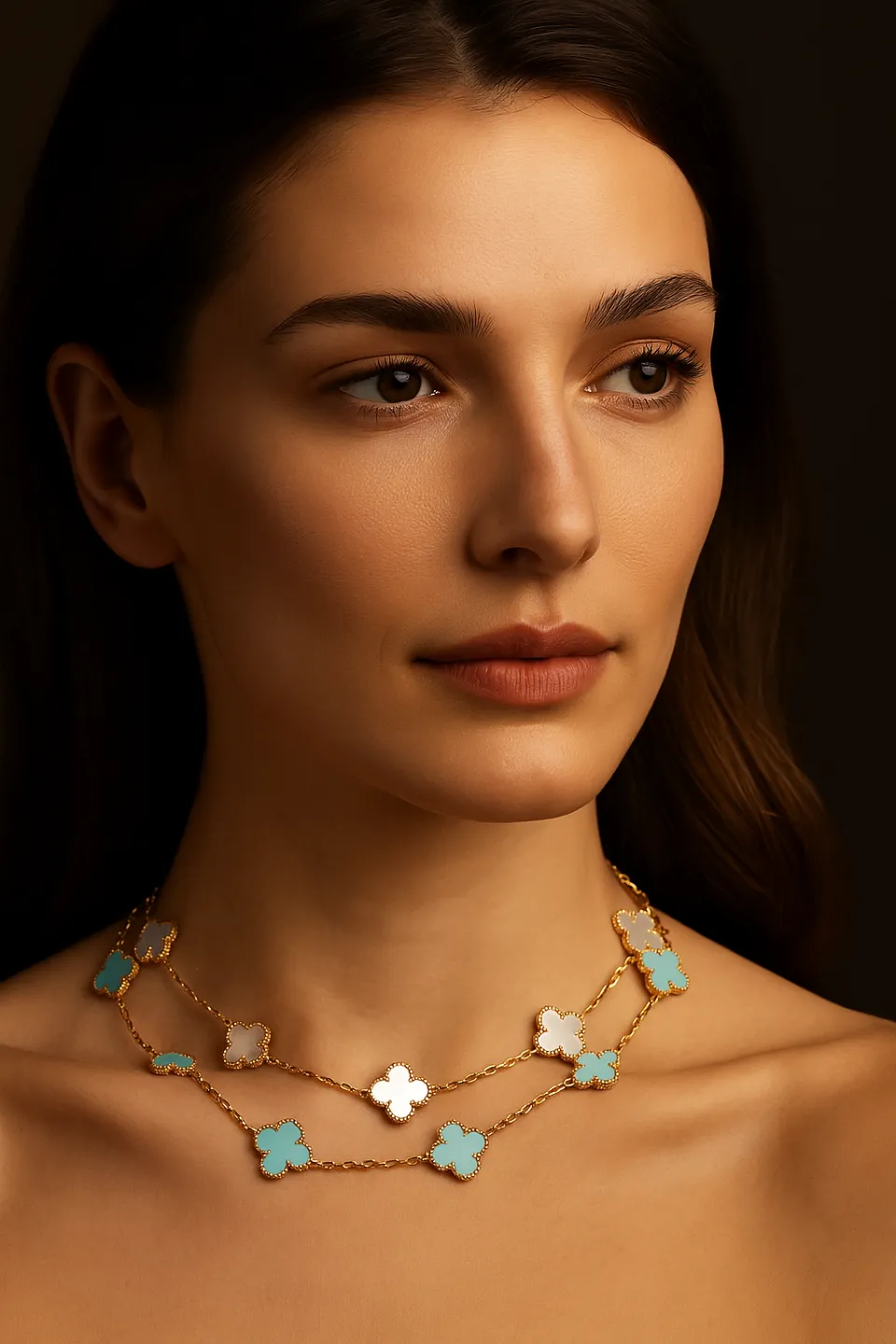The model showcases an exquisite necklace against a dark background